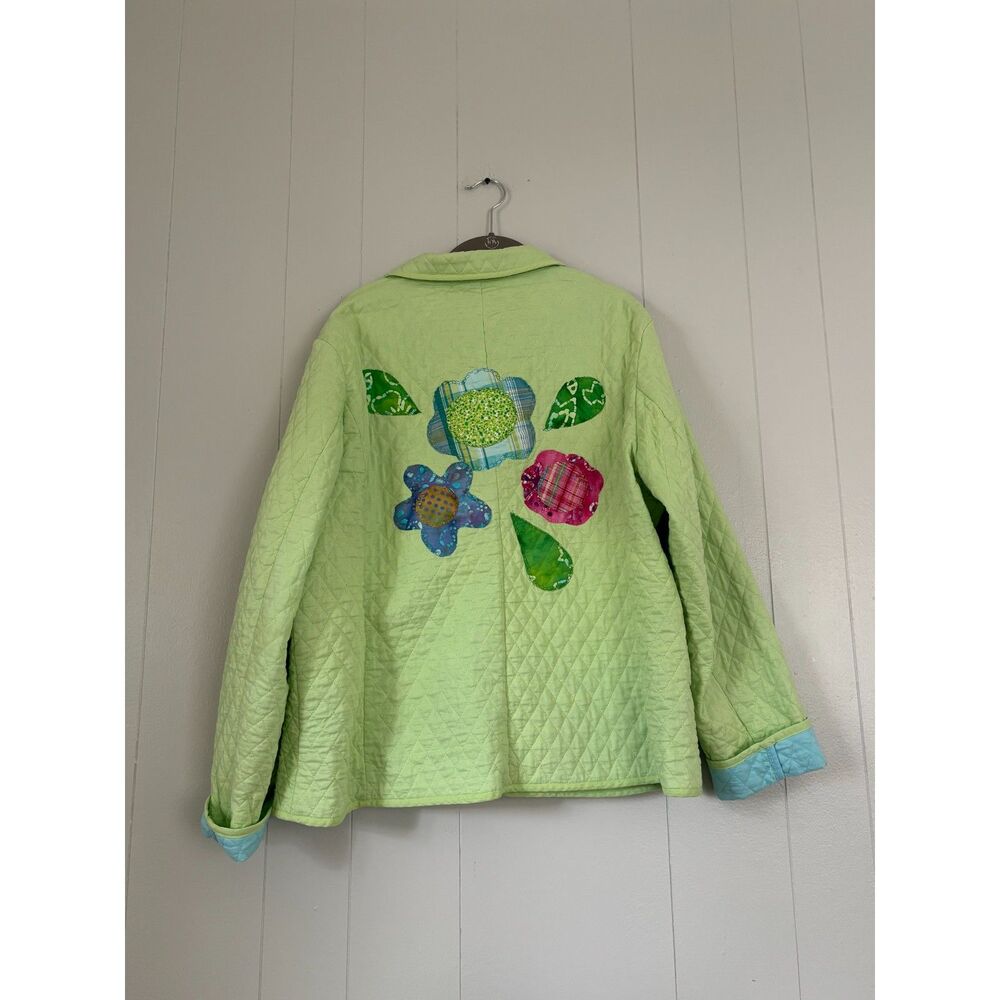 Vintage Quilted White Stag Green Jacket XL Floral Applique Embroidered Patchwork